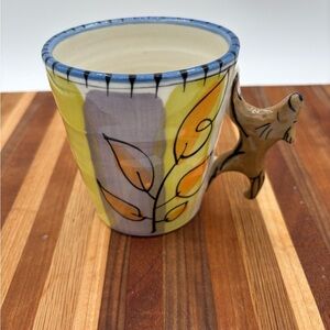 PARKER KUHNS ART POTTERY ECCLETIC COFFEE MUG DOGGIE HANDLE LEAF DESIGN SIGNED